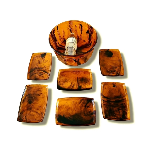MCM Vtg Lucite Faux Tortoise Shell Snack Bowl w (6) Snack Plates - Picture 2 of 4